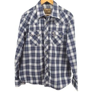 Wrangler Retro Mens Blue White Plaid Snap Button Western Shirt Long Sleeve Sz L